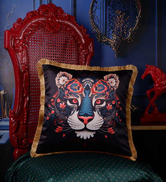 THE WHITE INK DECOR Premium Satin Leopard Printed Cushion Cover with Fringe Edging and Concealed Lifestyle