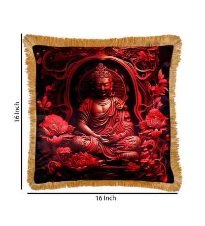 THE WHITE INK DECOR Premium Satin Buddha Printed Cushion Cover with Fringe Edging and Concealed  Lifestyle