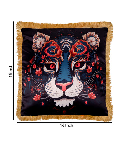 THE WHITE INK DECOR Premium Satin Leopard Printed Cushion Cover with Fringe Edging and Concealed Lifestyle