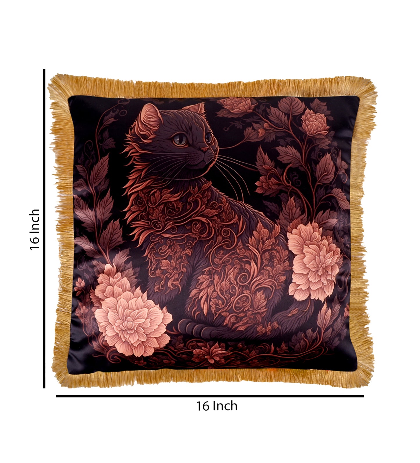 THE WHITE INK DECOR Premium Satin Cat Printed Cushion Cover with Fringe Edging and Concealed  Lifestyle