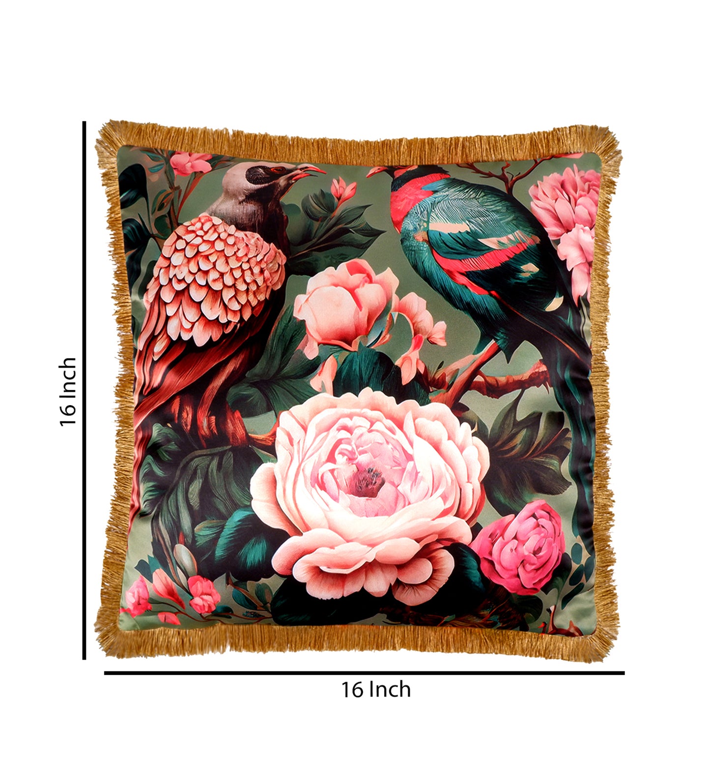 Premium Satin Tropical Print Delicate Cushion Cover with Fringe Edging and Concealed