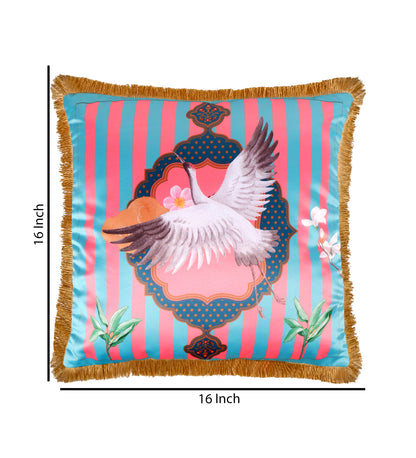 THE WHITE INK DECOR Tropical Paradise: Premium Satin Cushion Cover with Fringe Edging. Decorative Throw Pillow Covers for Sofa. Primary Colors are Pink