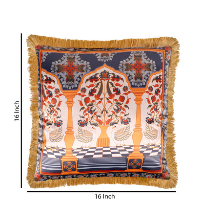 THE WHITE INK DECOR Premium Satin Royal Imperial Printed Cushion Cover with Fringe Edging and Concealed  Lifestyle