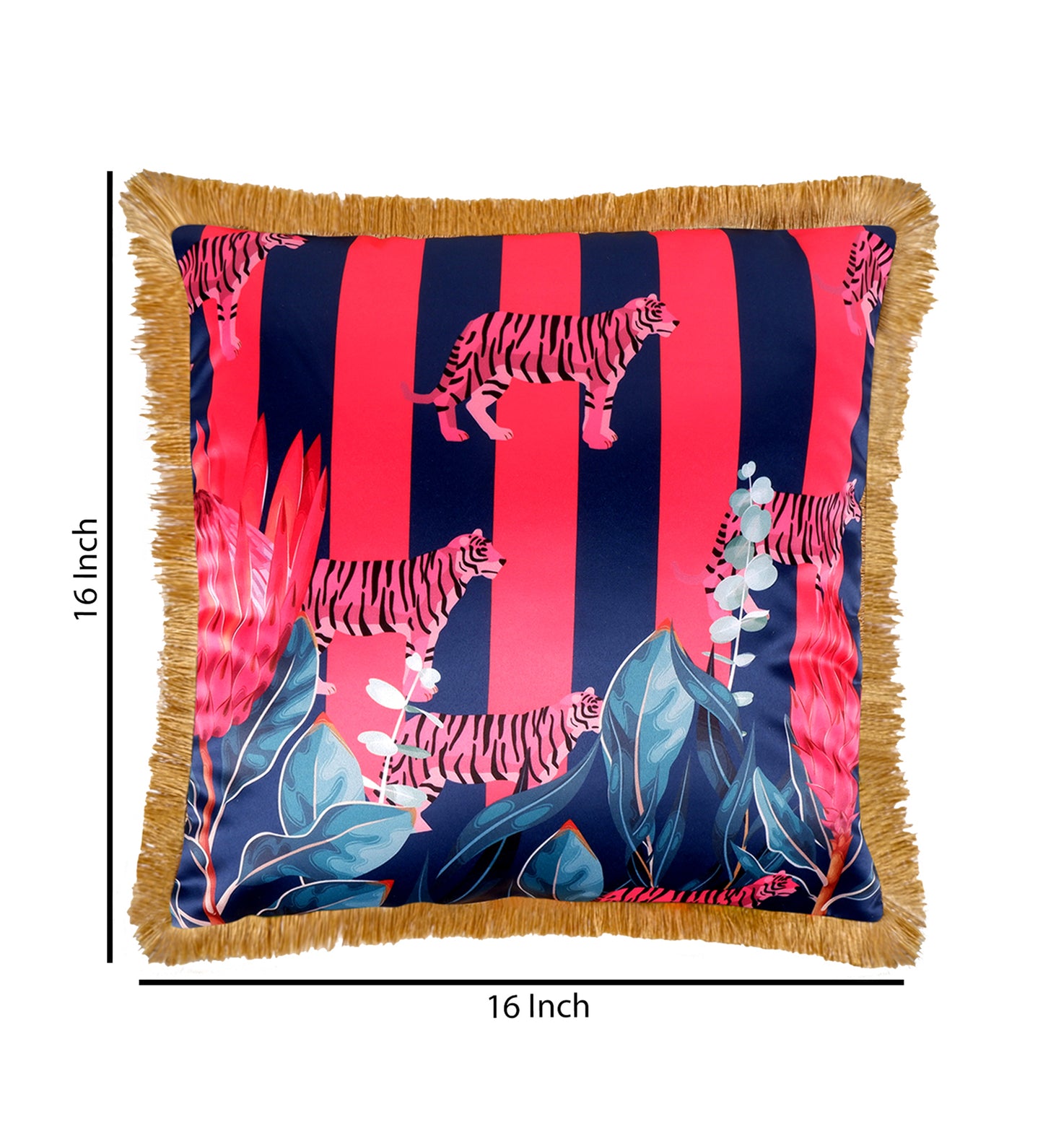 THE WHITE INK DECOR Tropical Paradise: Premium Satin Cushion Cover with Fringe Edging. Decorative Throw Pillow Covers for Sofa.Tiger