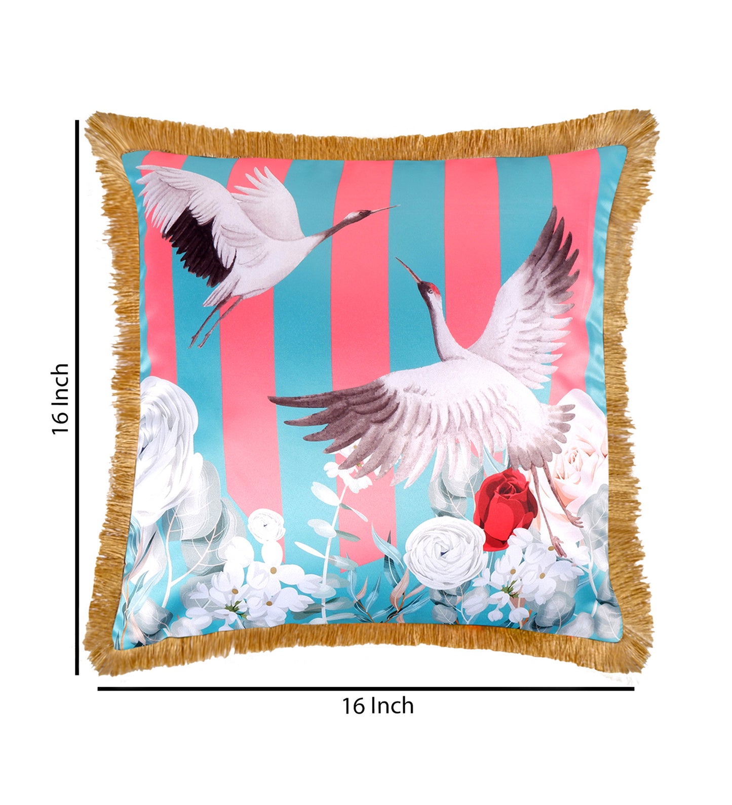 THE WHITE INK DECOR Tropical Paradise: Premium Satin Cushion Cover with Fringe Edging . Decorative Throw Pillow Covers for Sofa. Primary Colors are Pink